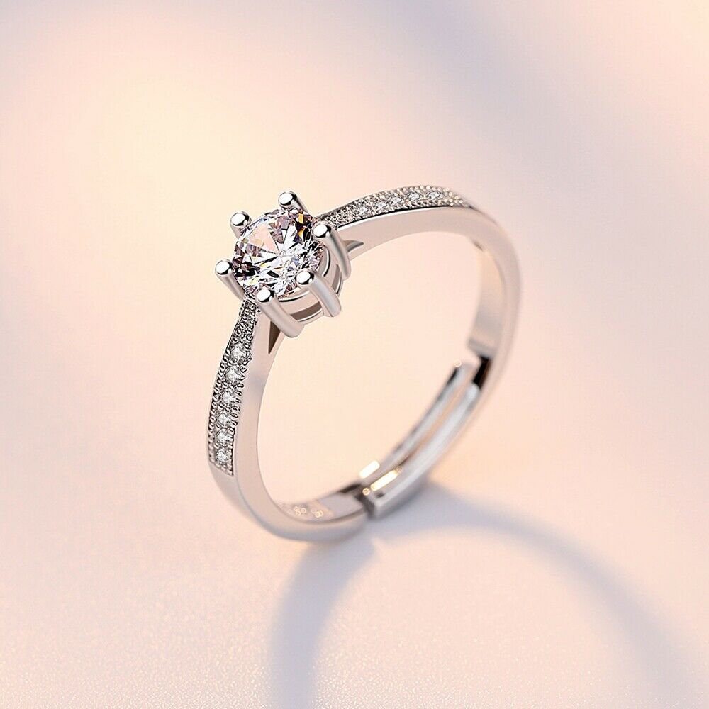 Women's Crown Cut Zirconia Paved Silver Plated Adjustable Ring
